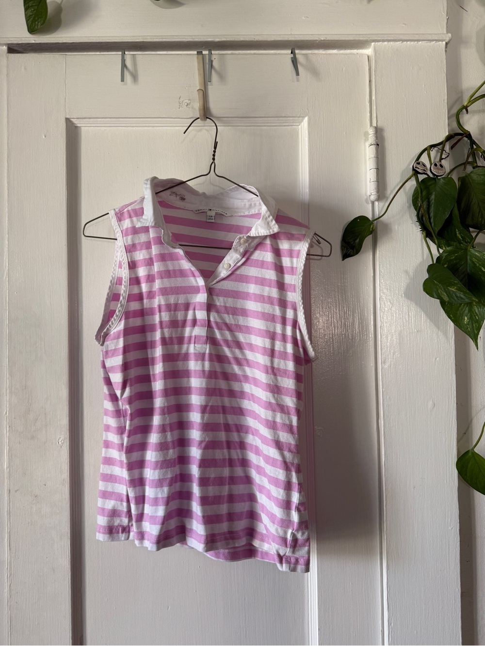 Tommy Hilfiger Pink and White Striped Polo Tank Top size L